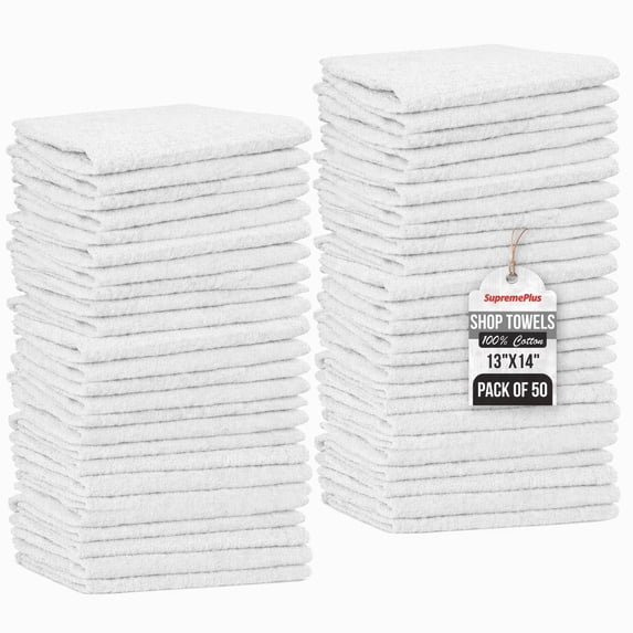 SupremePlus White Shop Towels 50 Pack, 13 x 14 Inches, Reusable Cotton Cleaning Rags for Commercial, Household, Garage, and Workshop Use