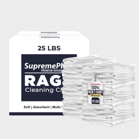 SupremePlus Premium New White Cotton Knit TShirt Rags, 25 lb Bulk Box of Rags, Durable, and Machine Washable Cleaning Rags for Painting, Staining, Polishing, Shop, Auto, Garage, and Workshop Use