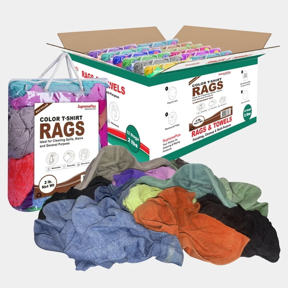 SupremePlus Color Knit T-Shirt Cleaning Rags 2 lbs Bag of Rags Commercial Multipurpose Cotton Dust Cloths Value Pack, Multicolor, 216 Count, 12 Pack