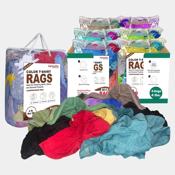 SupremePlus Color Knit T-Shirt Cleaning Rags 4 lbs Bag of Rags Commercial Multipurpose Cotton Dust Cloths Value pack, Multicolor, 216 Count, 6 pack