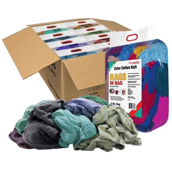 SupremePlus Color Knit T-Shirt Cleaning Rags 5 lbs Bag of Rags Commercial Multipurpose Cotton Dust Cloths Value pack, Multicolor, 360 Count, 8 pack