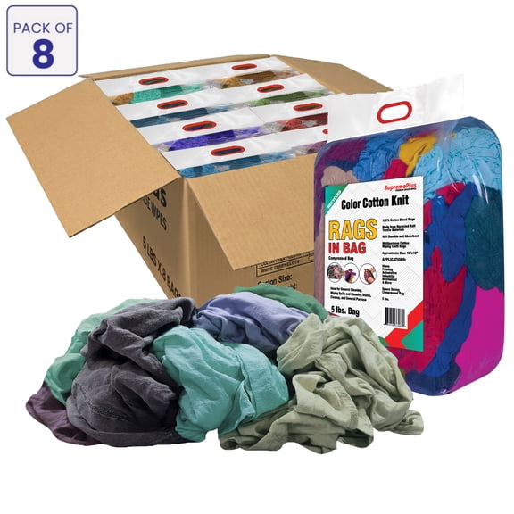 SupremePlus Recycled Mixed Colors Cotton Knit T-Shirt Cut Rags Bulk, 5 lb Bag, Pack of 8, Multipurpose Mechanic Rags for Automotive, Polishing, Commercial & Industrial Use