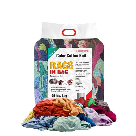 SupremePlus Color Knit T-Shirt Cleaning Rags 25 lbs Bag of Rags Household Commercial Reusable Multipurpose Cotton Dust Cloths, Multicolor, 225 Count