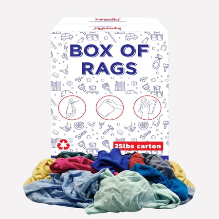 SupremePlus Recycled Multicolored T-Shirt Cloth Rags, 25 lb Box of Rags, Multipurpose Cotton Knit Cleaning Rags Bulk for Polishing, Staining, Industrial & Commercial Use