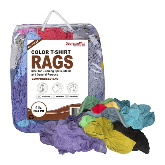 SupremePlus Color Knit T-Shirt Cleaning Rags 4 lbs Bag of Rags Household Commercial Reusable Multipurpose Cotton Dust Cloths, Multicolor, 36 Count
