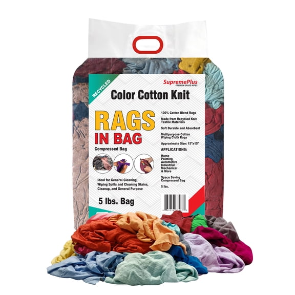SupremePlus Color Knit T-Shirt Cleaning Rags 5 lbs Bag of Rags Household Commercial Reusable Multipurpose Cotton Dust Cloths, Multicolor, 45 Count