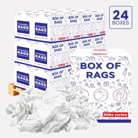 SupremePlus Knit T Shirt Rags for Cleaning 600 lbs Pallet-24x25 lbs Box of Rags Reusable Cotton Dust Cloths Value Pack, White, 5400 Count, 24 Pack