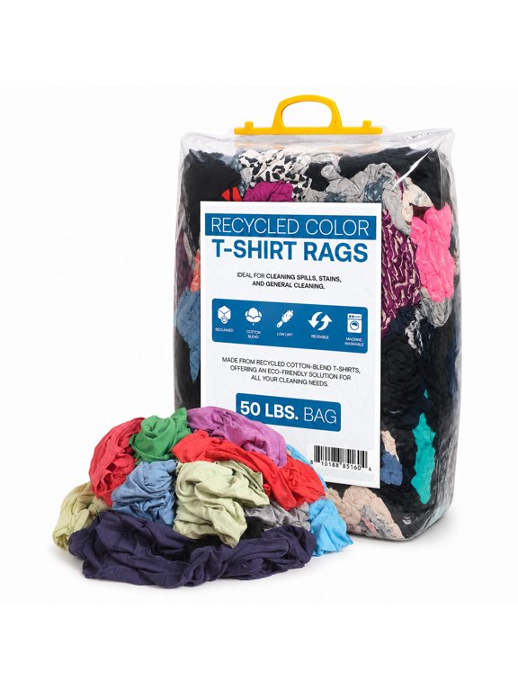Recycled Multicolored T-Shirt Cleaning Rags, 50 lb Bag of Rags, Reusable Shop Rags Bulk for Dusting, Painting, Detailing & Grease Cleanup
