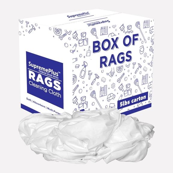 SupremePlus Sheeting Cleaning Rags 5 lbs Box of Rags Commercial Lint-Free Multipurpose Cotton Household Cleaning Cloths & Wipes, White, 45 Count