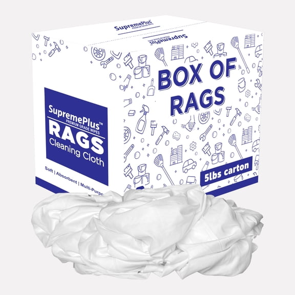 SupremePlus Sheeting Cleaning Rags 5 lbs Box of Rags Commercial Lint-Free Multipurpose Cotton Household Cleaning Cloths & Wipes, White, 45 Count