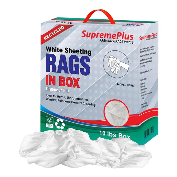SupremePlus Sheeting Cleaning Rags 10 lbs Compressed Box of Rags Lint-Free Multipurpose Cotton Household Cleaning Cloths & Wipes, White, 90 Count
