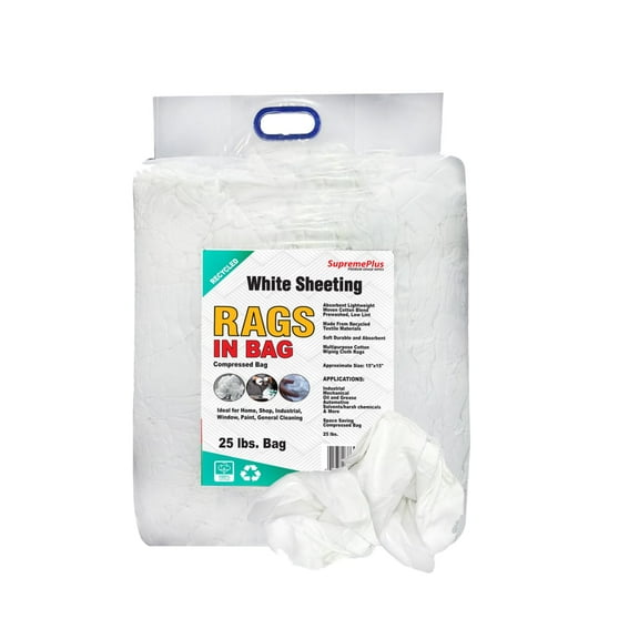 SupremePlus Sheeting Cleaning Rags 25 lbs Bag of Rags Commercial Lint-Free Multipurpose Cotton Household Cleaning Cloths & Wipes, White, 225 Count