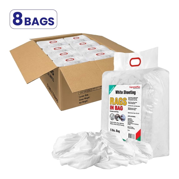 SupremePlus Sheeting Cleaning Rags 5 lbs Bag of Rags Commercial Lint-Free Multipurpose Cotton Dust Cloths Value Pack, White, 360 Count, 8 Pack