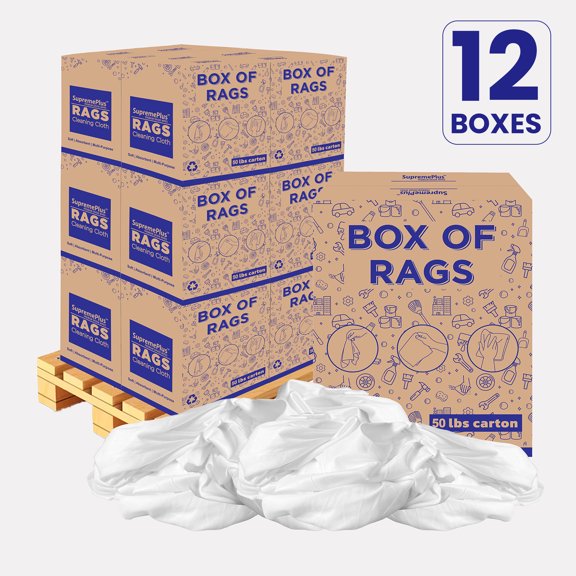 SupremePlus Sheeting Cleaning Rags 600 lbs Pallet-12x50 lbs Boxes Lint-Free Multipurpose Cotton Dust Cloths Value Pack, White, 5400 Count, 12 Pack