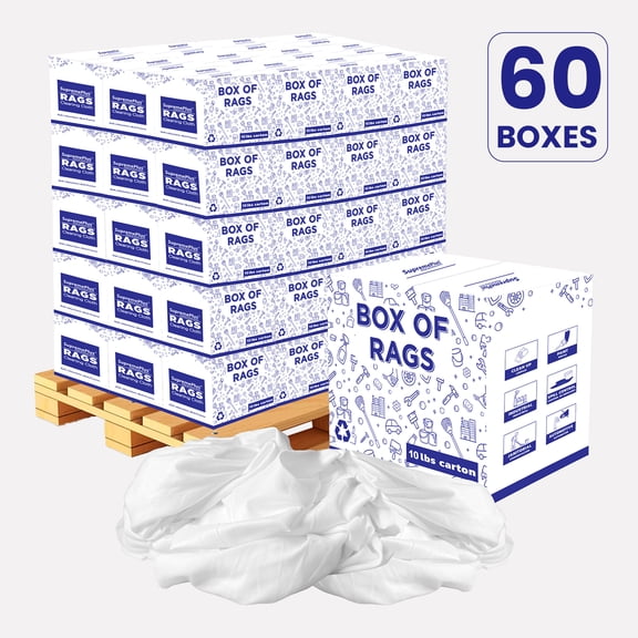 SupremePlus Sheeting Cleaning Rags 600 lbs Pallet-60x10 lbs Boxes Lint-Free Multipurpose Cotton Dust Cloths Value Pack, White, 5400 Count, 60 Pack