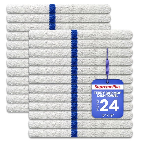 SupremePlus Terry Bar Mop Towels, 24 Pack, 16" x 19", Cotton Blend Dish Towels, White with Blue Stripe, Soft & Reusable Kitchen Cleaning Towels for Home, Restaurants & Commercial Kitchens