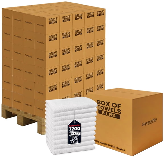 SupremePlus 100% Cotton Terry Towels Cleaning Cloths, 600 lb Pallet - 120 x 5 lb Boxes, 7200 Count Approx., 12” x 12”, Multipurpose White Terry Rags Bulk for Business, Industrial & Wholesale Use