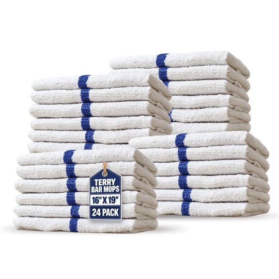 SupremePlus Terry Bar Mop Towels, 24 Pack, 16" x 19", Cotton Blend Dish Towels, White with Blue Stripe, Soft & Reusable Kitchen Cleaning Towels for Home, Restaurants & Commercial Kitchens