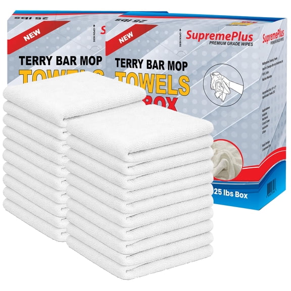 SupremePlus Terry Cleaning Rags 25 lbs Compressed Box - 2 Pack 14" x 17" White 100% Cotton Bar Mop Towels (400 Count)
