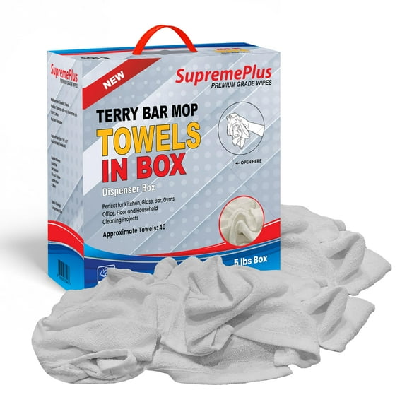 SupremePlus Terry Cleaning Rags 5 lbs Compressed Box 14" x 17" White 100% Cotton Bar Mop Towels (40 Count)