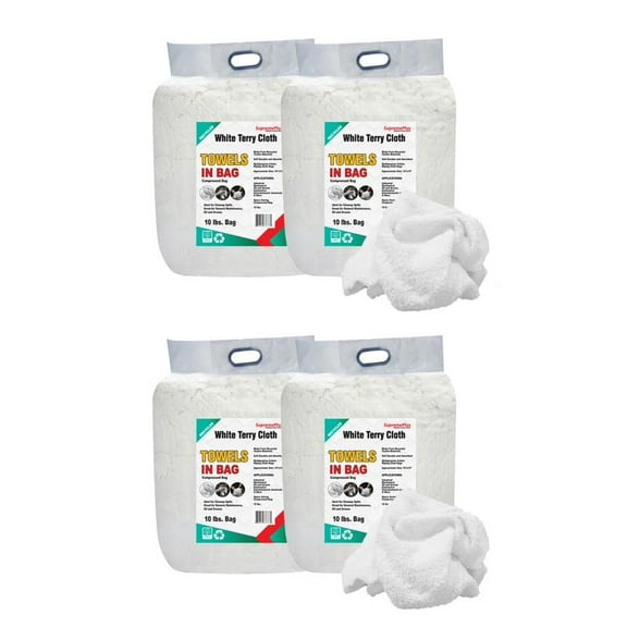 SupremePlus Terry Cloth Cleaning Rags 10 lbs Bag of Rags Commercial Multipurpose Reusable Cotton Dust Cloths Value Pack, White, 160 Count, 4 Pack