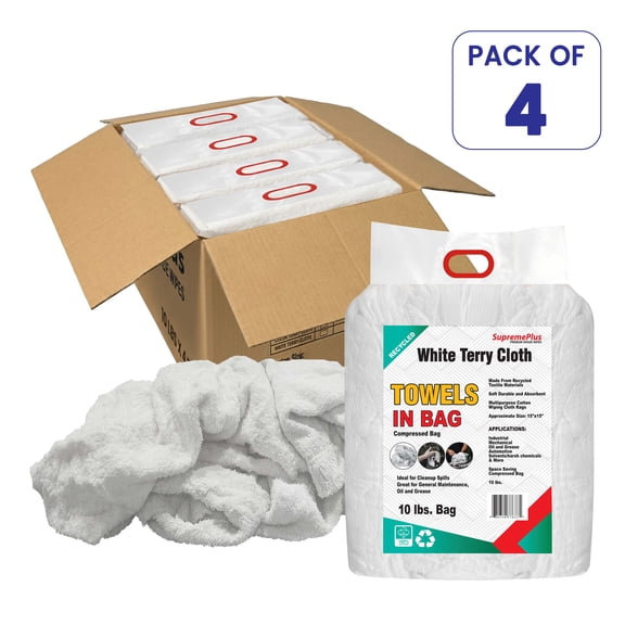 SupremePlus Terry Cloth Cleaning Rags 10 lbs Bag of Rags Commercial Multipurpose Reusable Cotton Dust Cloths Value Pack, White, 160 Count, 4 Pack
