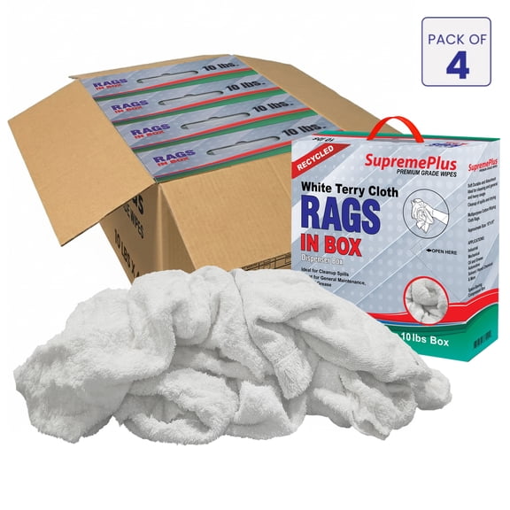 SupremePlus Terry Cloth Cleaning Rags 10 lbs Compressed Box of Rags Commercial Multipurpose Cotton Dust Cloths Value Pack, White, 160 Count, 4 Pack