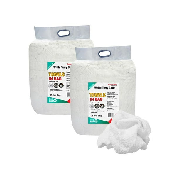 SupremePlus Terry Cloth Cleaning Rags 25 lbs Bag of Rags Commercial Multipurpose Reusable Cotton Dust Cloths Value Pack, White, 200 Count, 2 Pack