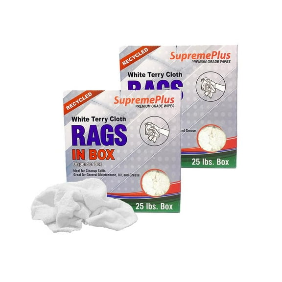 SupremePlus Terry Cloth Cleaning Rags 25 lbs Compressed Box of Rags Commercial Multipurpose Cotton Dust Cloths Value Pack, White, 200 Count, 2 Pack