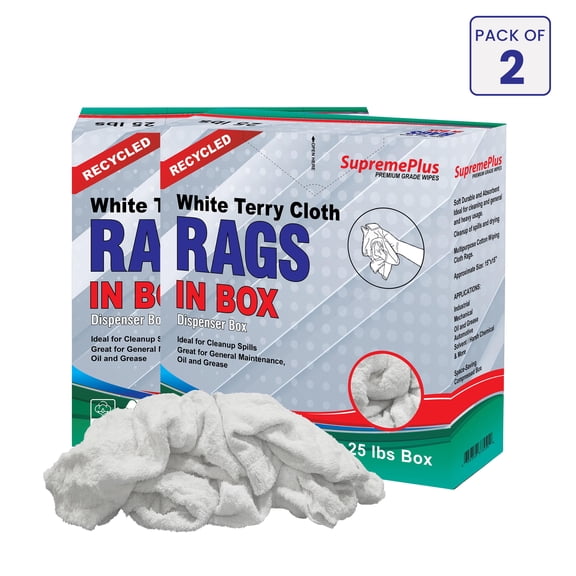 SupremePlus Terry Cloth Cleaning Rags 25 lbs Compressed Box of Rags Commercial Multipurpose Cotton Dust Cloths Value Pack, White, 200 Count, 2 Pack