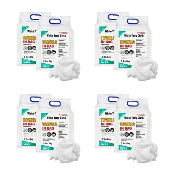 SupremePlus Terry Cloth Cleaning Rags 5 lbs Bag of Rags Commercial Multipurpose Reusable Cotton Dust Cloths Value Pack, White, 160 Count, 8 Pack