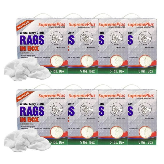 SupremePlus Terry Cloth Cleaning Rags 5 lbs Compressed Box of Rags Commercial Multipurpose Cotton Dust Cloths Value Pack, White, 160 Count, 8 Pack