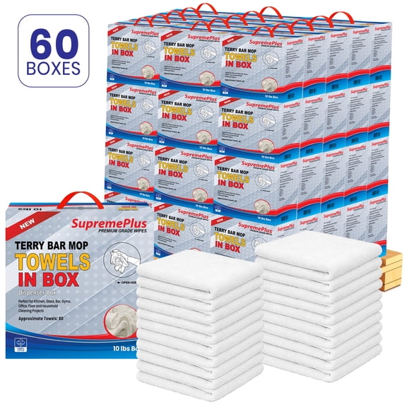 SupremePlus White Bar Towels, 600 lb Pallet, 60 x 10 lb Comp Boxes Terry Cloth Rags, 14” x 17”, 100% Cotton Cleaning Rags Bulk, Multipurpose & Commercial-Grade Shop Rags