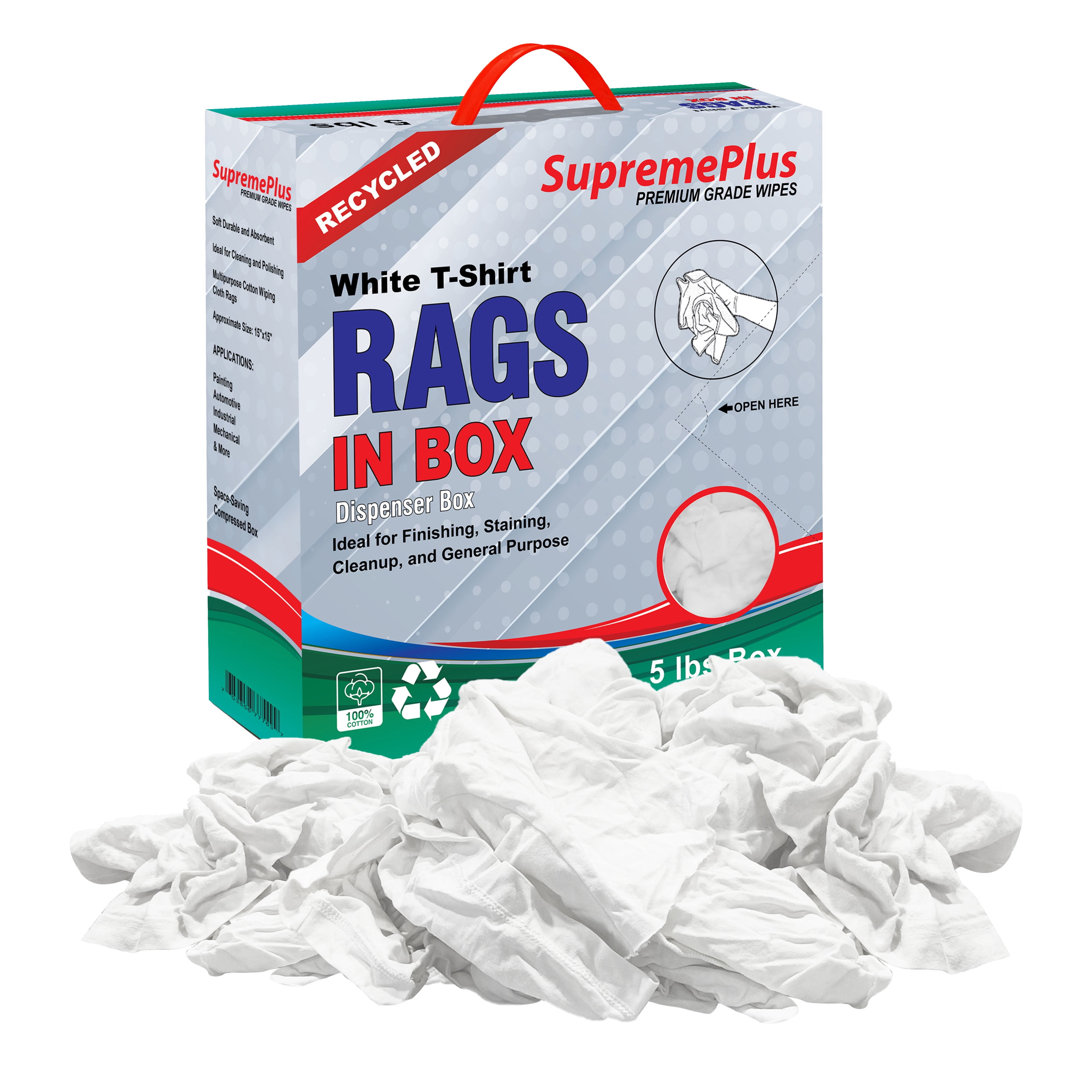 SupremePlus Knit T Shirt Rags for Cleaning 5 lbs Compressed Box of Rags Commercial Reusable Cotton Household Cleaning Cloths & Wipes, White, 45 Count