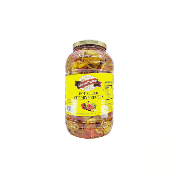 Supremo Italiano Hot Sliced Cherry Peppers, Pickled Cherry Peppers, 1 Gallon Jar (128 fl oz)