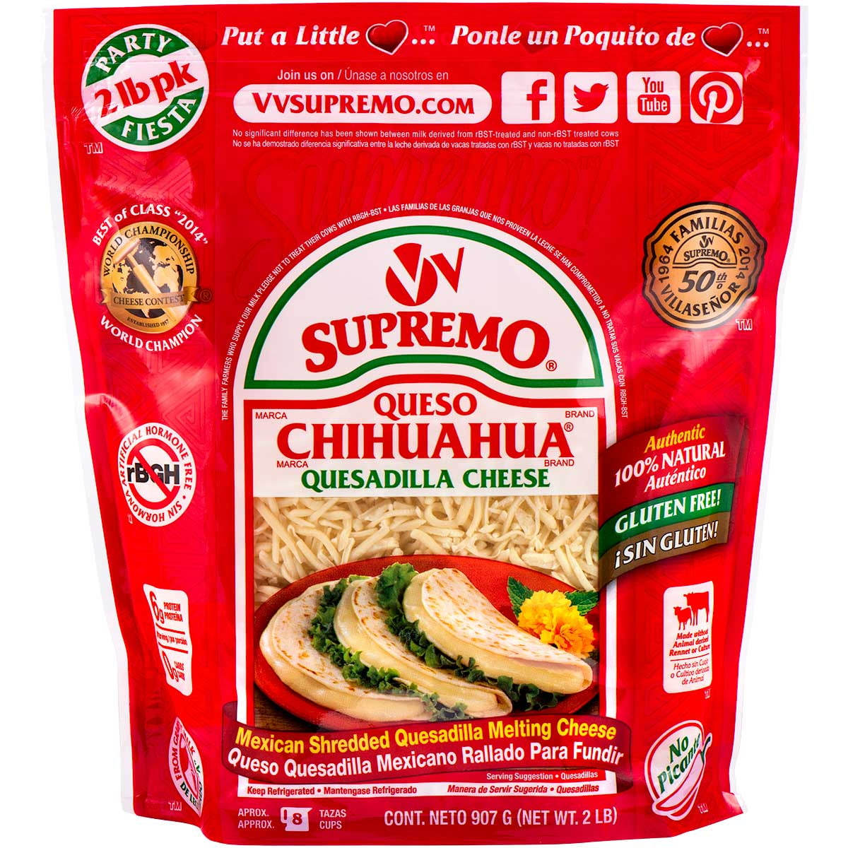 Supremo Queso Chihuahua Shredded Quesadilla Cheese, 2 Pound 6 per