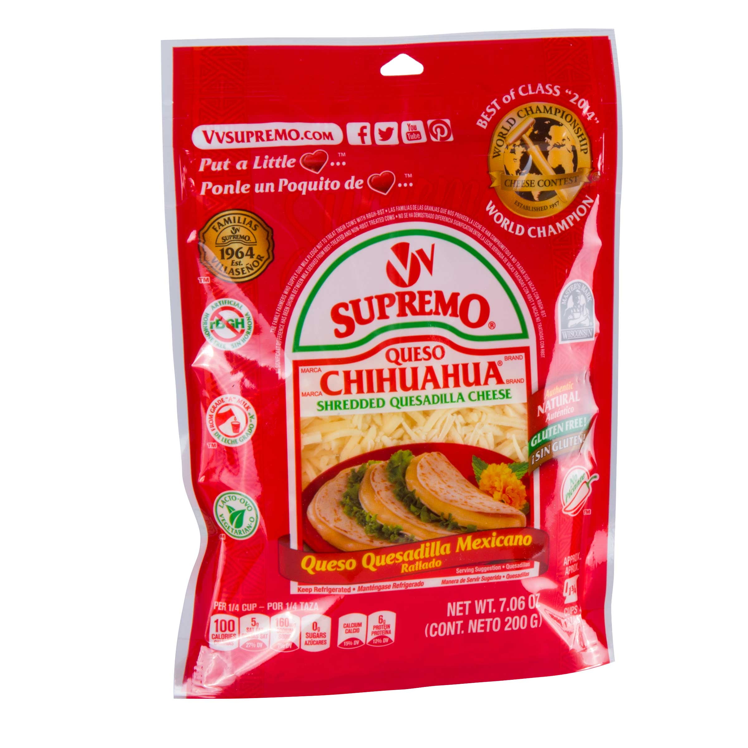 Supremo Queso Chihuahua Shredded Quesadilla Cheese, 7.06 Ounce 12 per case.