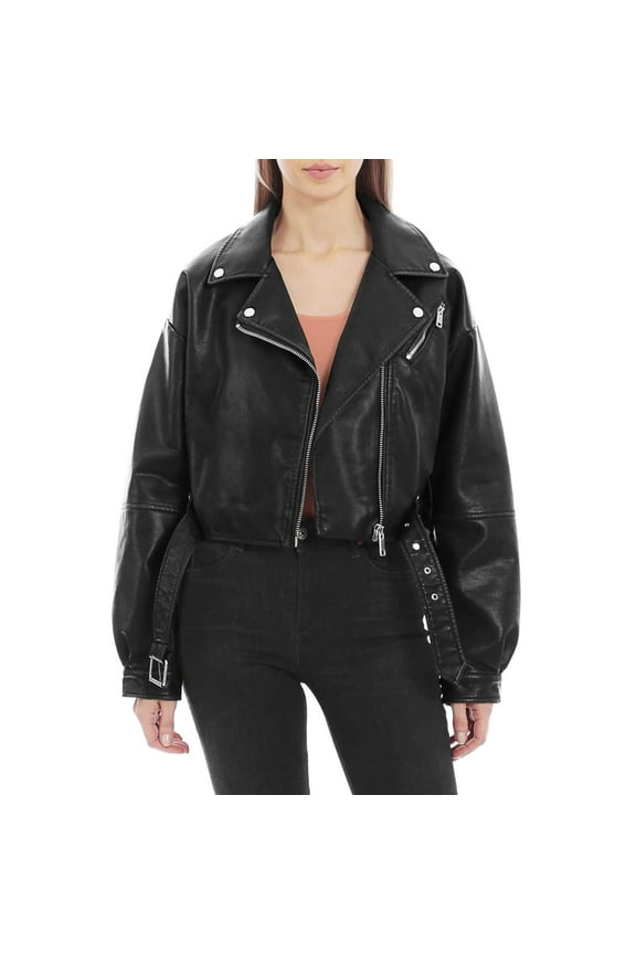 Moto Oversized Faux Leather Biker Jacket for Women, Winter Water-Repellent Windproof Short Coat