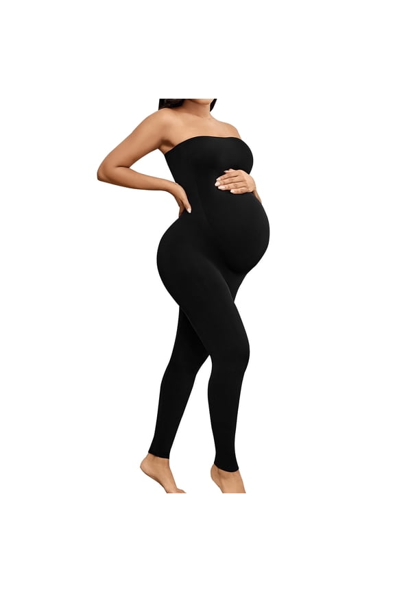 Maternity Belly Support bodysuit - Women's Strapless Pregnancy Romper Soft Black