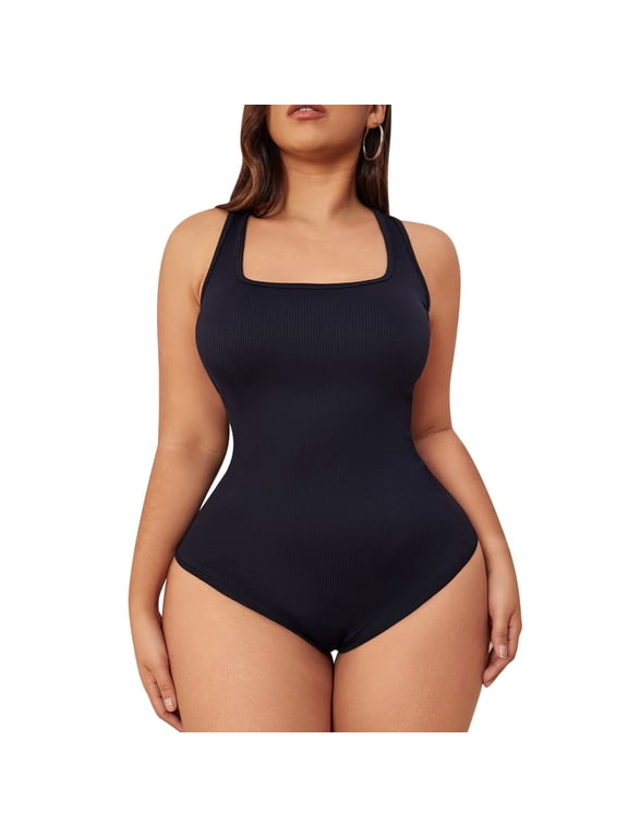 Plus Size Women's Ribbed Square Neck Tank Bodysuit