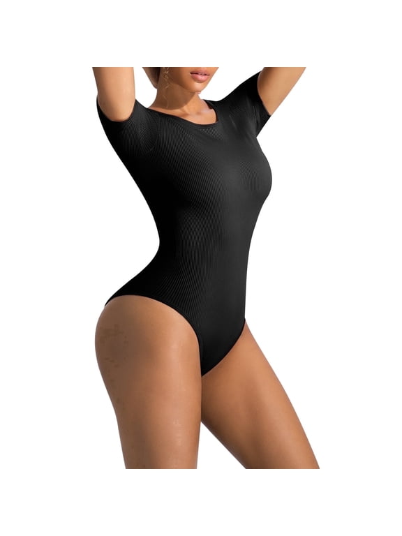 Form-Fitting Ribbed Bodysuit for Women, Short Sleeve Crew Neck Top