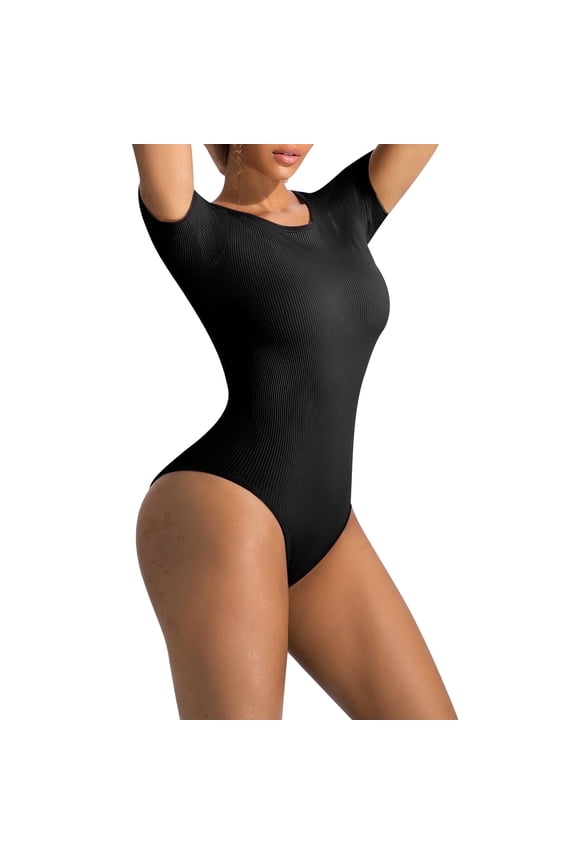 Form-Fitting Ribbed Bodysuit for Women, Short Sleeve Crew Neck Top