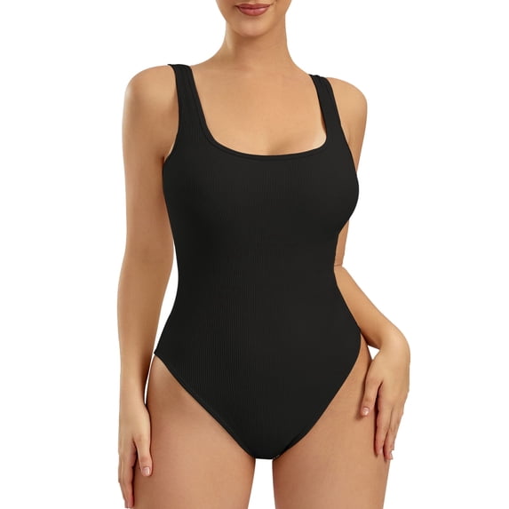 Athlemo Women's Sleeveless Bodysuit Square Neck Ribbed Slimming Tank Top Thong Bodysuit