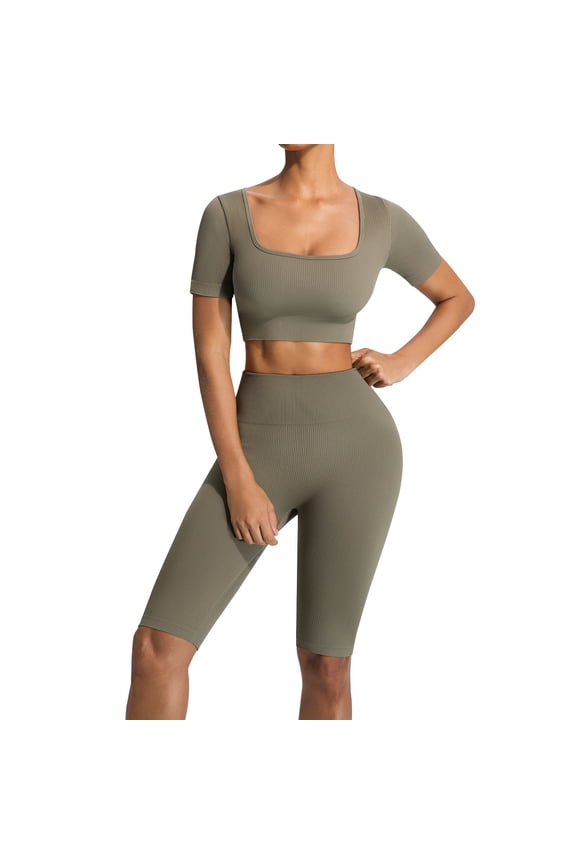 Women's Workout Set 2-Piece Seamless Ribbed - Yoga Outfit with Top & Shorts