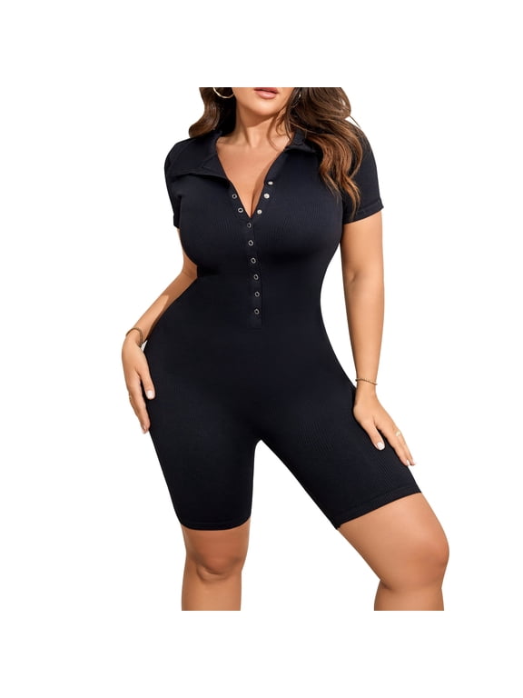 Ribbed V-Neck Short Sleeve Rompers Bodysuit, Women's XL