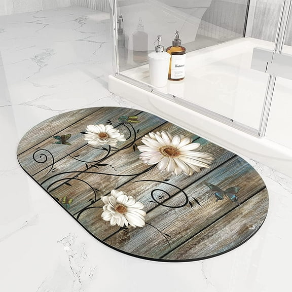 Supretrozo Rustic Daisy Bathroom Rug Mat Non Slip Floor Mat Diatomaceous Earth Bath Mat Water Absorbent Rug Diatom Mud Mat for Indoor and Outdoor(Oval,27.6×17 inch)