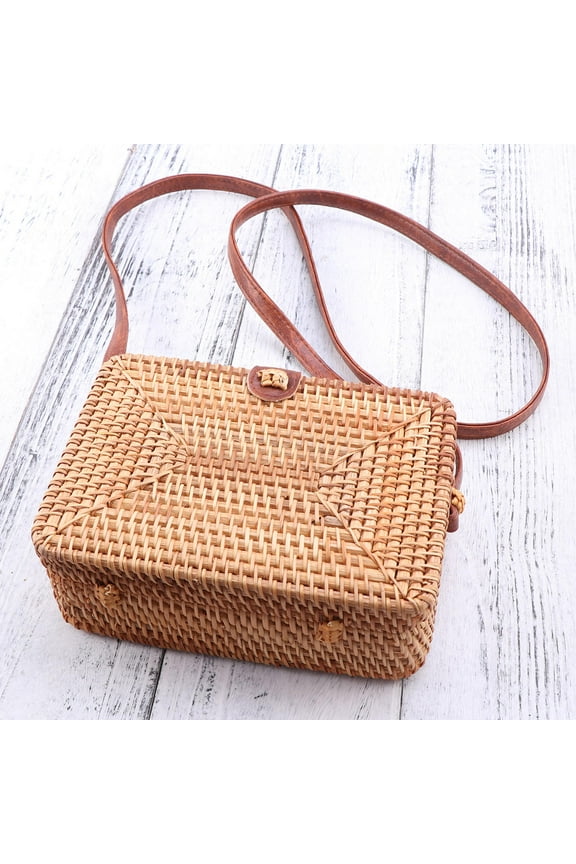 1Pack Woven Round Bag Brown Casual Straw Handbag Hand-woven for Women Traveling