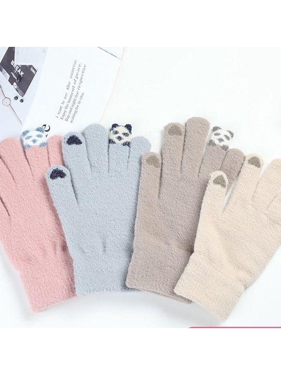 1Pair Khaki Winter Gloves for Woman with Touch Screen Panda Design Warm Hand Gloves