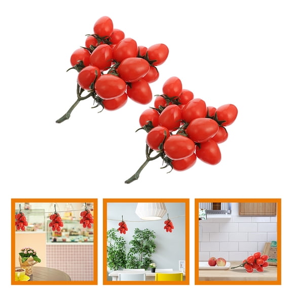 Supvox 2Pcs Artificial Cherry Tomatoes Model Red Plastic Simulation Fruit for Kitchen Home Ornament