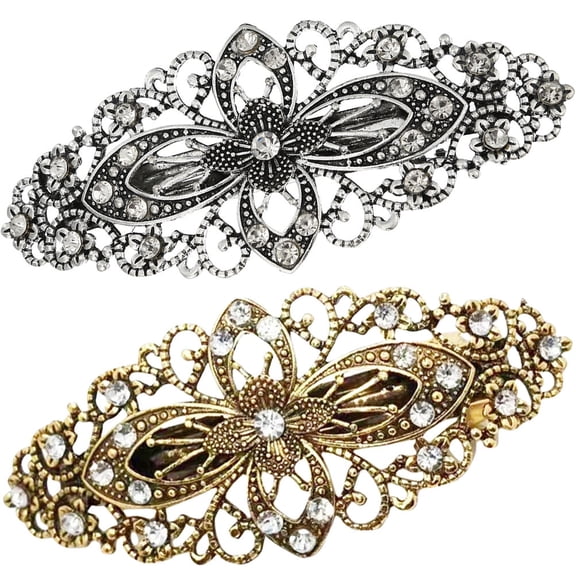Supvox Women Hair Clips Crystal Antique Gold 2Pcs 4.1X1.8In